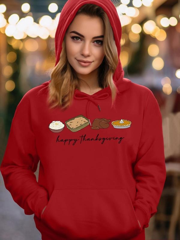 Women's Cartoon Food & Letter Print Drawstring Pocket Hoodie, Fashion Casual Long Sleeve Hooded Sweatshirt for Daily Holiday Outdoor Wear, Women Clothing for Fall & Winter