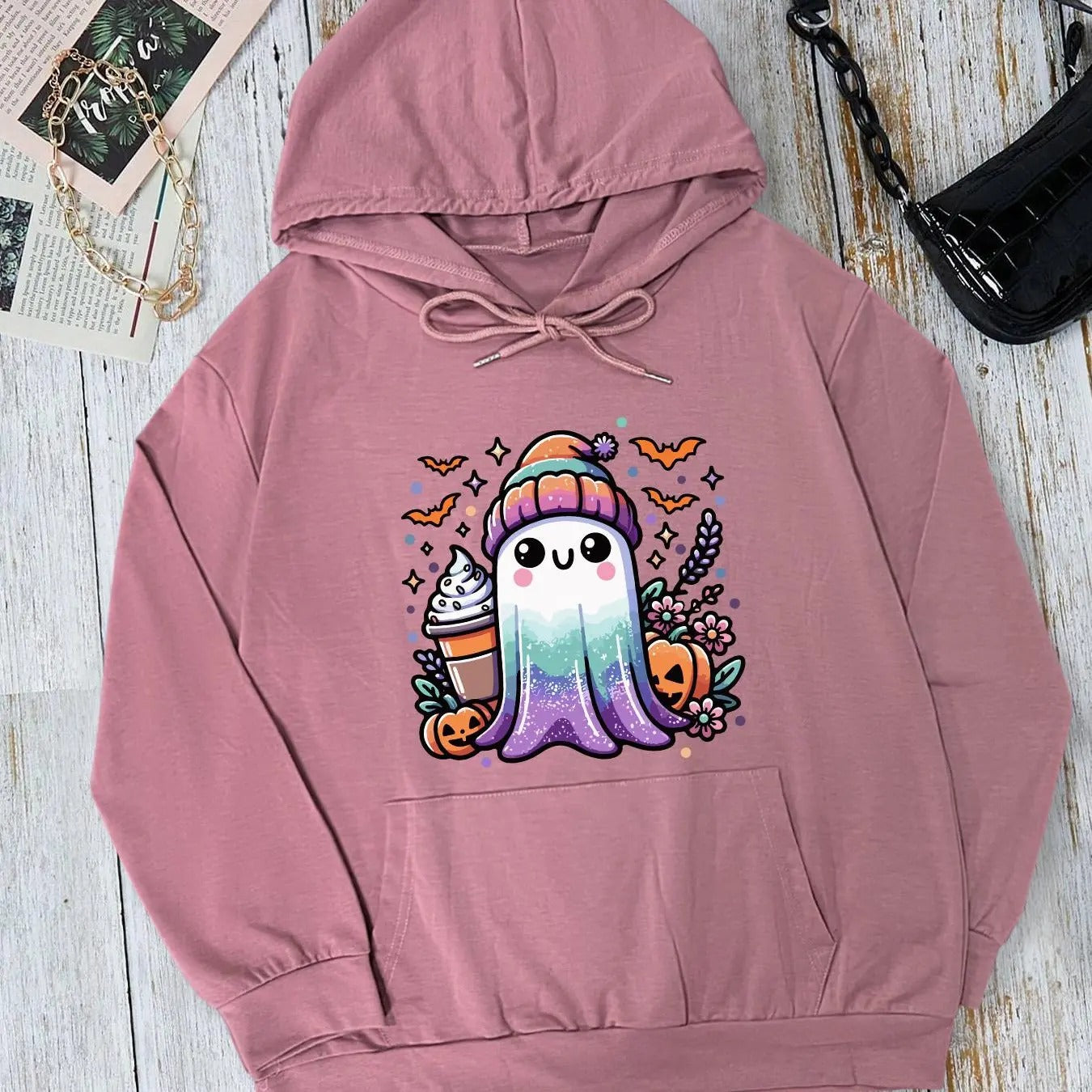Women's Cartoon Ghost Print Drop Shoulder Hoodie, Fashion Casual Drawstring Pocket Hooded Sweatshirt for Daily Holiday Outdoor Wear, Women Clothing for Fall & Winter
