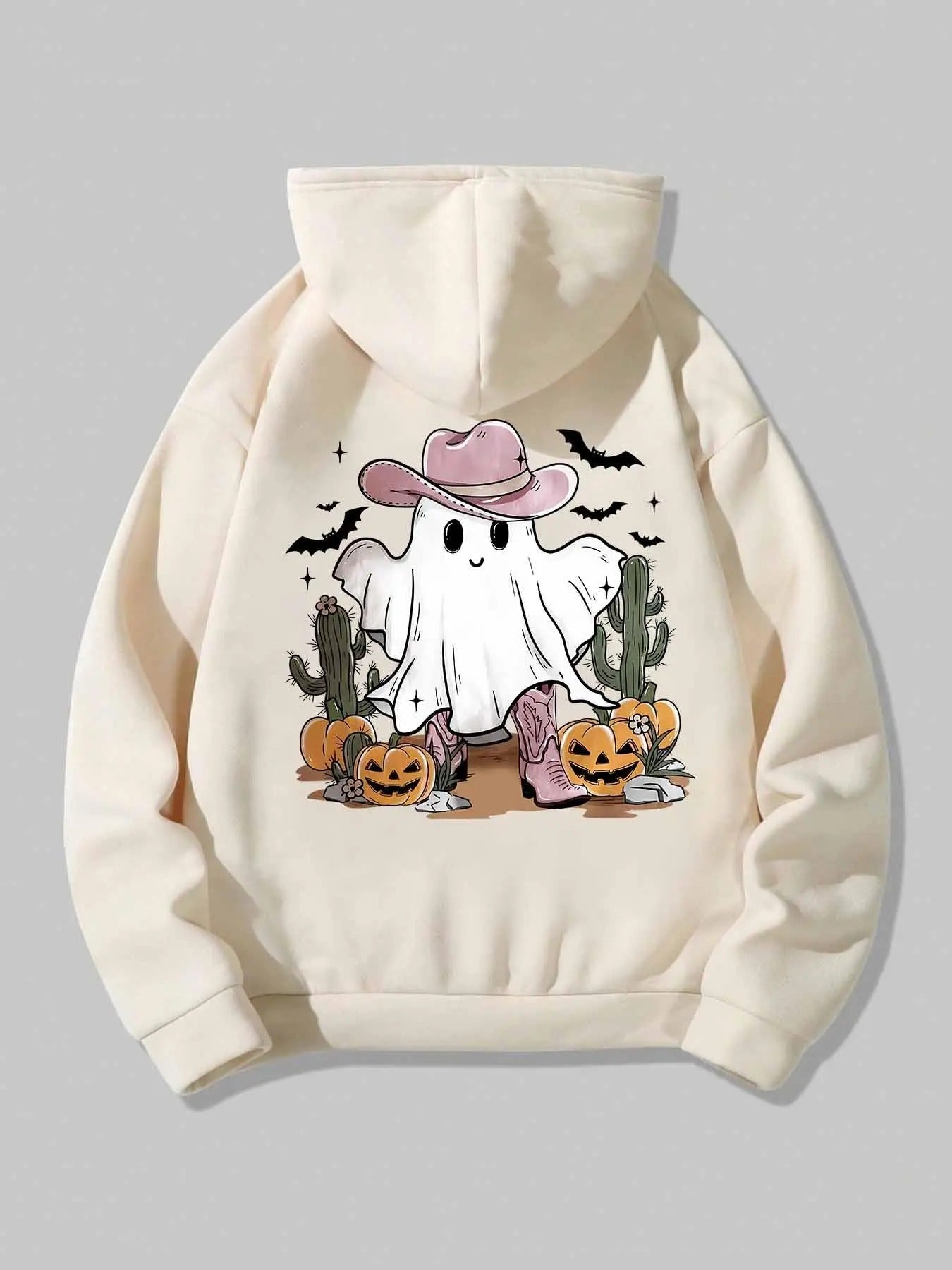 Women's Cartoon Ghost Print Hoodie, Fashion Casual Long Sleeve Hooded Sweatshirt for Daily Holiday Outdoor Wear, Ladies Clothes for All Seasons
