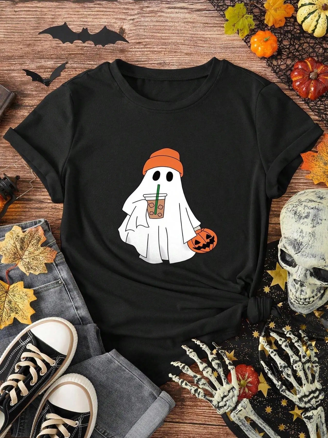 Women's Cartoon Ghost Print Round Neck Tee, Fashion Casual Short Sleeve T-shirt, Ladies Summer Clothes for Daily Wearstyle{n002}2