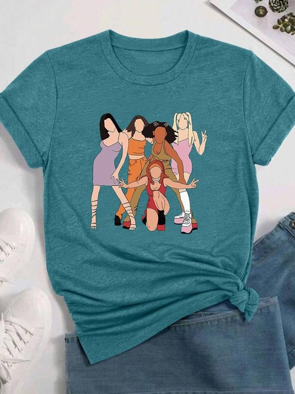 Women's Cartoon Girl Print Round Neck Tee, Fashion Casual Crew Neck T-shirt for Daily Holiday Vacation Outdoor Wear, Ladies Clothes for All Seasons