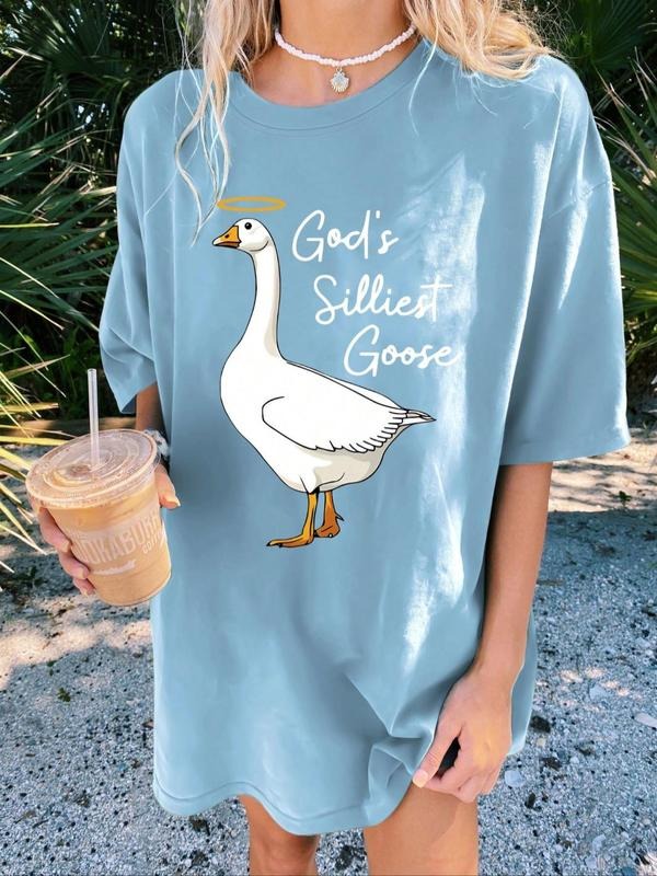 Women's Cartoon Goose & Letter Print Drop Shoulder Tee, Casual Half Sleeve Round Neck T-shirt for Summer, Ladies Clothes for Daily Wear