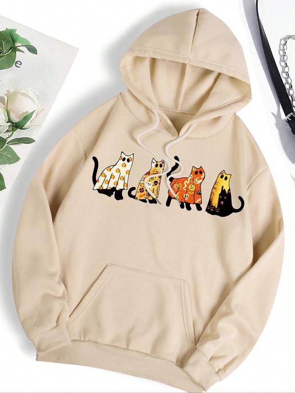 Women's Cartoon Graphic Print Pocket Drawstring Hoodie, Fashion Casual Drop Shoulder Long Sleeve Hooded Sweatshirt for Daily Outdoor Wear, Cute Pullover Top, Women Fall & Winter Clothes