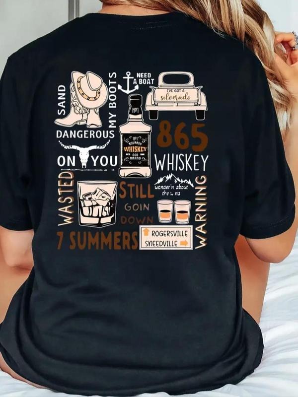 Women's Cartoon Graphic Round Neck Tee, Vintage Letter Print Casual Short Sleeve T-shirt for Daily Wear, Ladies Summer...