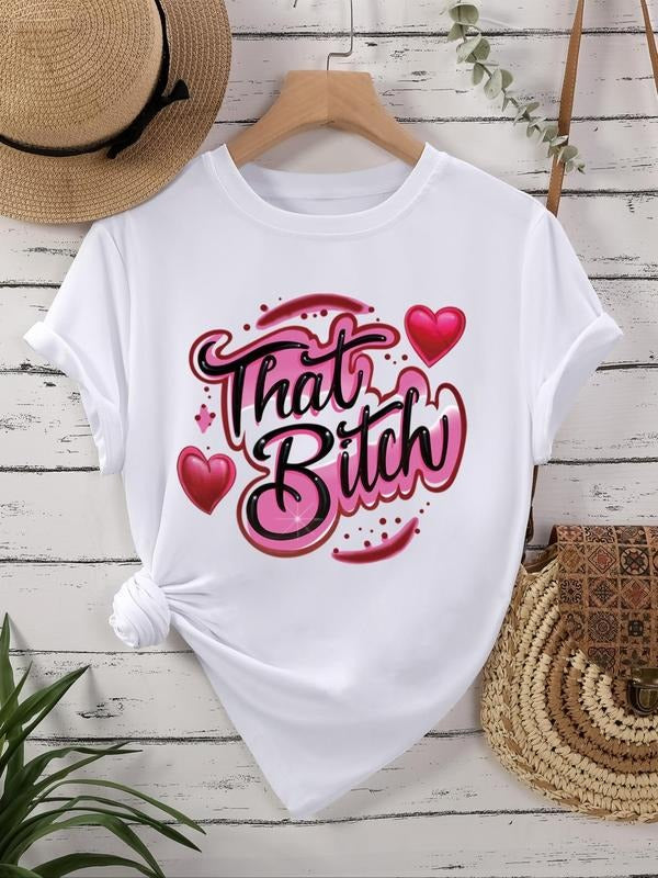 Women's Cartoon Heart & Letter Print Round Neck Tee, Fashion Casual Short Sleeve T-shirt for Daily Wear, Ladies Summer Clothes