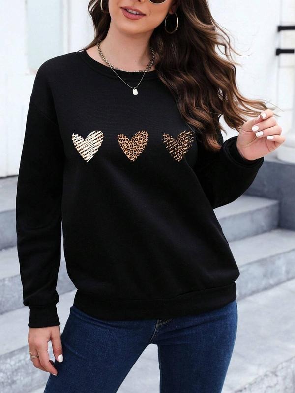 Women's Cartoon Heart Print Drop Shoulder Sweatshirt, Casual Long Sleeve Round Neck Pullover for Fall & Winter, Ladies Clothes for Daily Wear