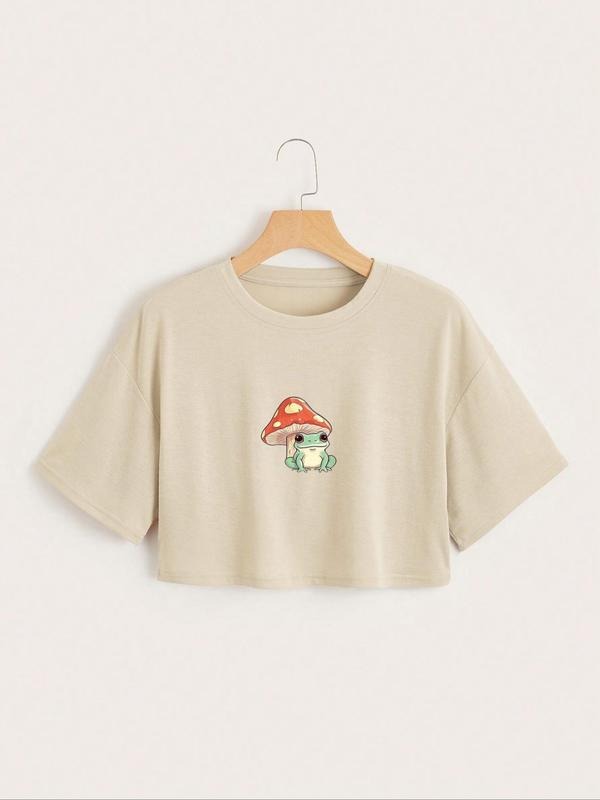 Women's Cartoon Mushroom & Frog Print Round Neck Crop Tee, Summer Graphic Tees Women, Fashion Casual Short Sleeve T-shirt...