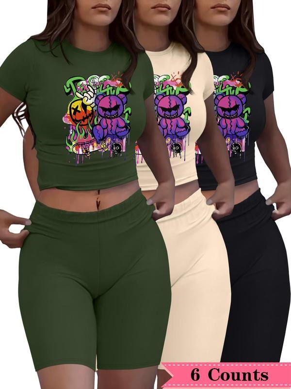 Women's Cartoon Print Crop Tee & Skinny Shorts Set, Casual Fashion Cozy Breathable Two-piece for Daily Outdoor Wear, Ladies Clothes for All Seasons
