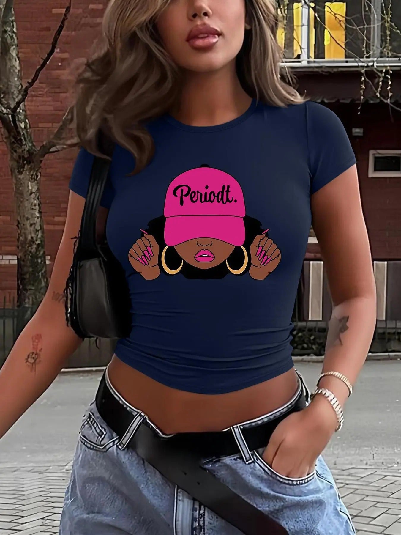 Women's Cartoon Print Round Neck Crop Tee, Fashion Casual Crew Neck Short Sleeve T-shirt for Daily Holiday Vacation Outdoor Wear, Ladies Clothes for All Seasons