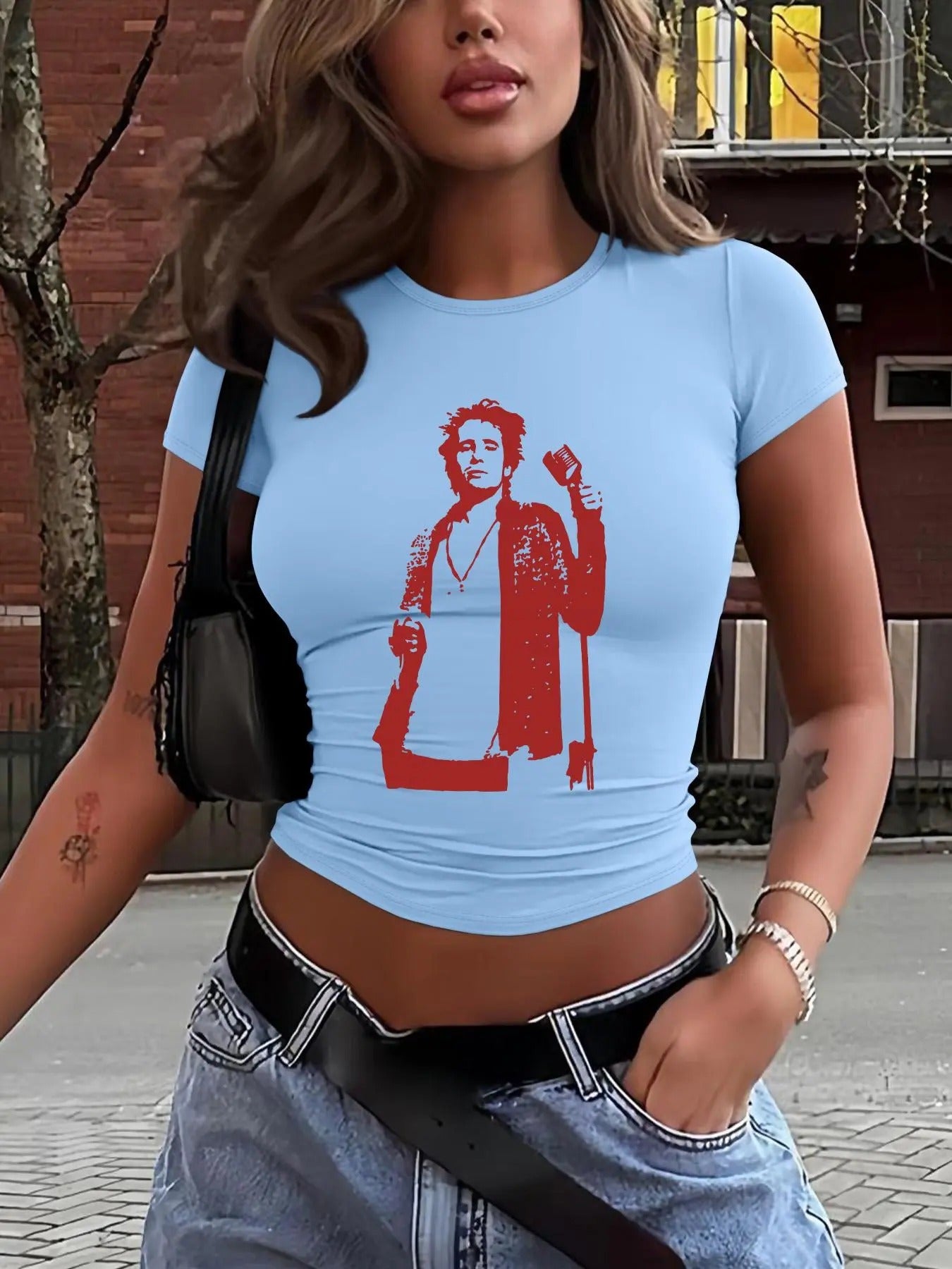 Women's Cartoon Print Round Neck Crop Tee, Fashion Casual Crew Neck T-shirt for Daily Holiday Vacation Outdoor Wear, Ladies Clothes for All Seasons, Top