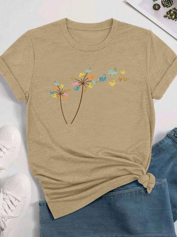 Women's Cartoon Print Round Neck Tee, Fashion Casual Crew Neck T-shirt for Daily Holiday Vacation Outdoor Wear, Ladies Clothes for Summer