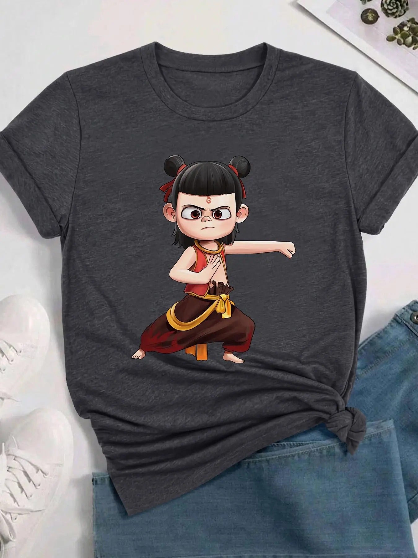 Women's Cartoon Print Round Neck Tee, Fashion Casual Short Sleeve T-shirt for Daily Wear, Ladies Clothes for All Seasonsstyle{n002}2