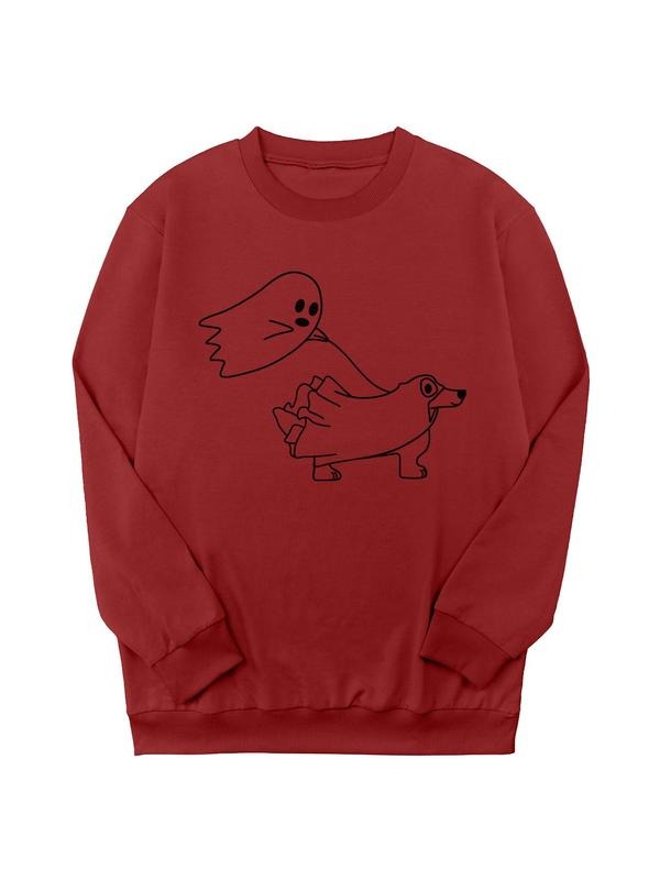 Women's Cartoon Print Sweatshirt, Casual Halloween Themed Long Sleeve Crew Neck Pullover Sweatshirt for Daily Wear, Ladies Clothing for All Seasons