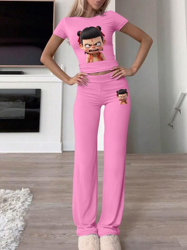 Women's Cartoon Print Tee & Pants Two-piece Set, Casual Round Neck Short Sleeve T-shirt & Trousers for Daily Wear, Ladies Two-piece Outfits for All Seasons