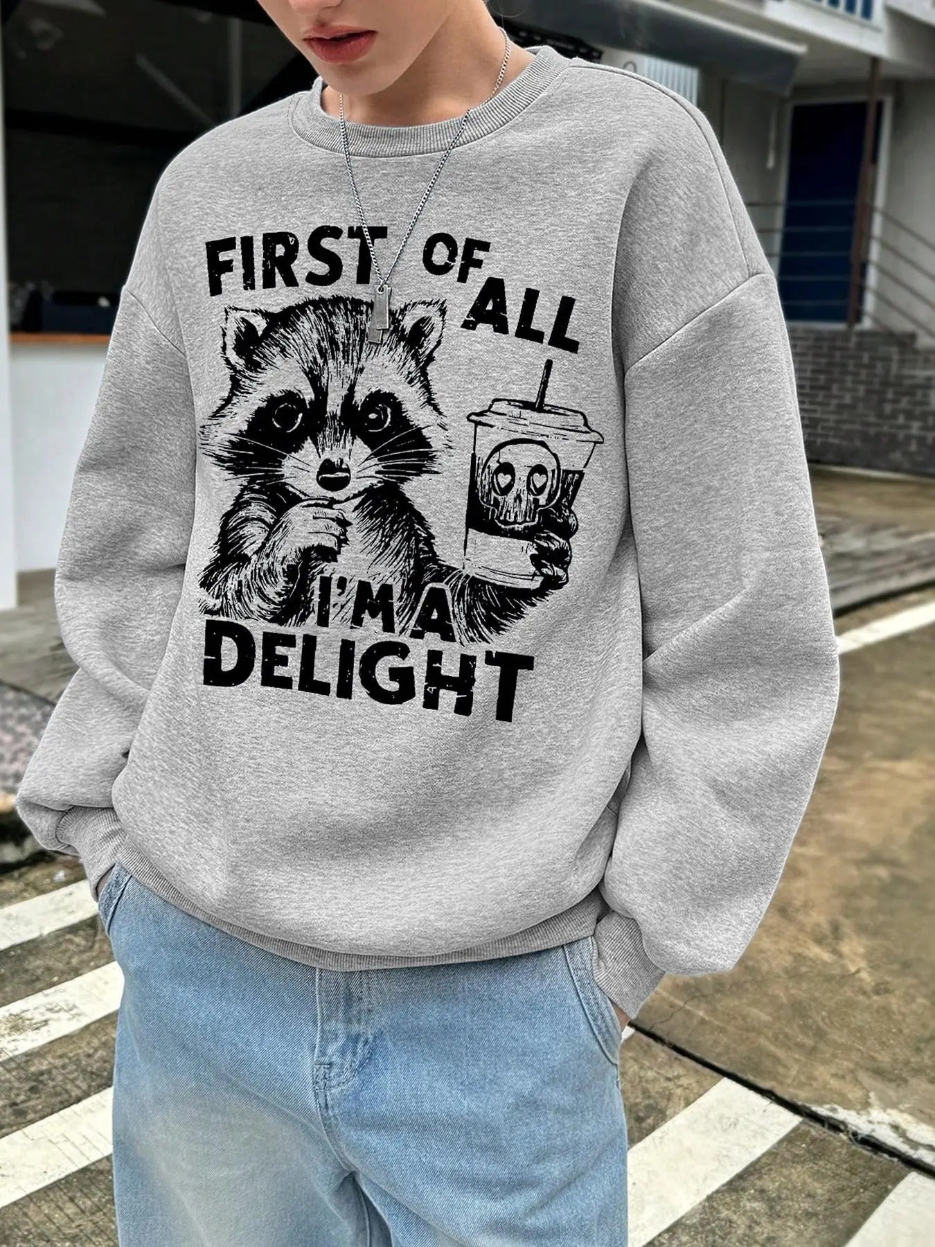 Women's Cartoon Raccoon & Letter Print Sweatshirt, Casual Long Sleeve Round Neck Pullover for Daily Wear, Ladies Clothes for All Seasons