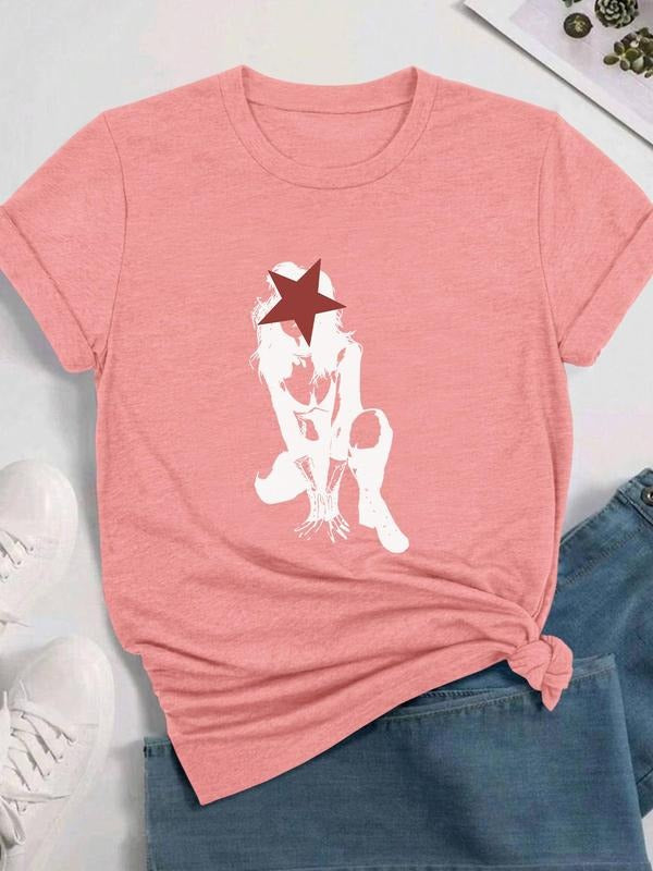 Women's Cartoon Round Neck Graphic Tee, Fashion Casual Crew Neck T-Shirt for Daily Holiday Vacation Outdoor Wear, Ladies Clothes for All Seasons, Top