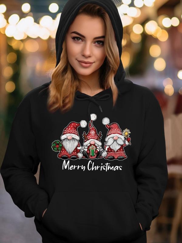 Women's Cartoon Santa Claus Print Drop Shoulder Hoodie, Fashion Casual Letter Print Kangaroo Pocket Hooded Sweatshirt for Daily Holiday Outdoor Wear, Women Clothing for Fall & Winter