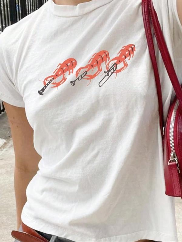 Women's Cartoon Shrimp Print Round Neck Tee, Casual Short Sleeve Crew Neck T-shirt for Summer, Fashion Women's Top for Daily Wear