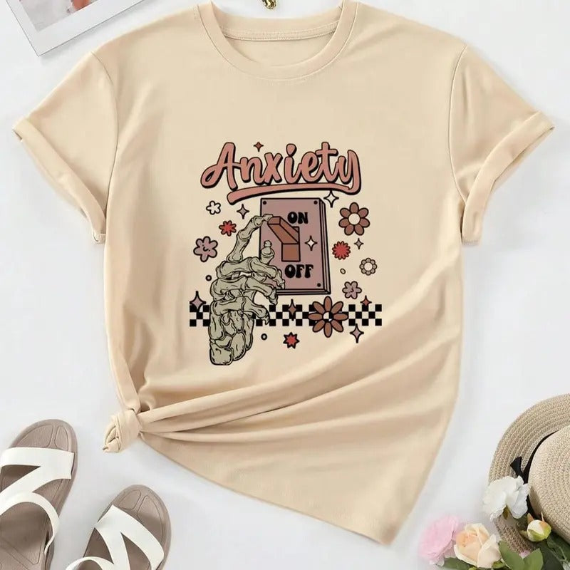 Women's Cartoon Skeleton & Letter Print Round Neck Graphic Tee, Vintage Trendy Casual Drop Shoulder Half Sleeve T-shirt For Daily Wear, Ladies Summer Outfit Unisex Shirt Comfort Cotton
