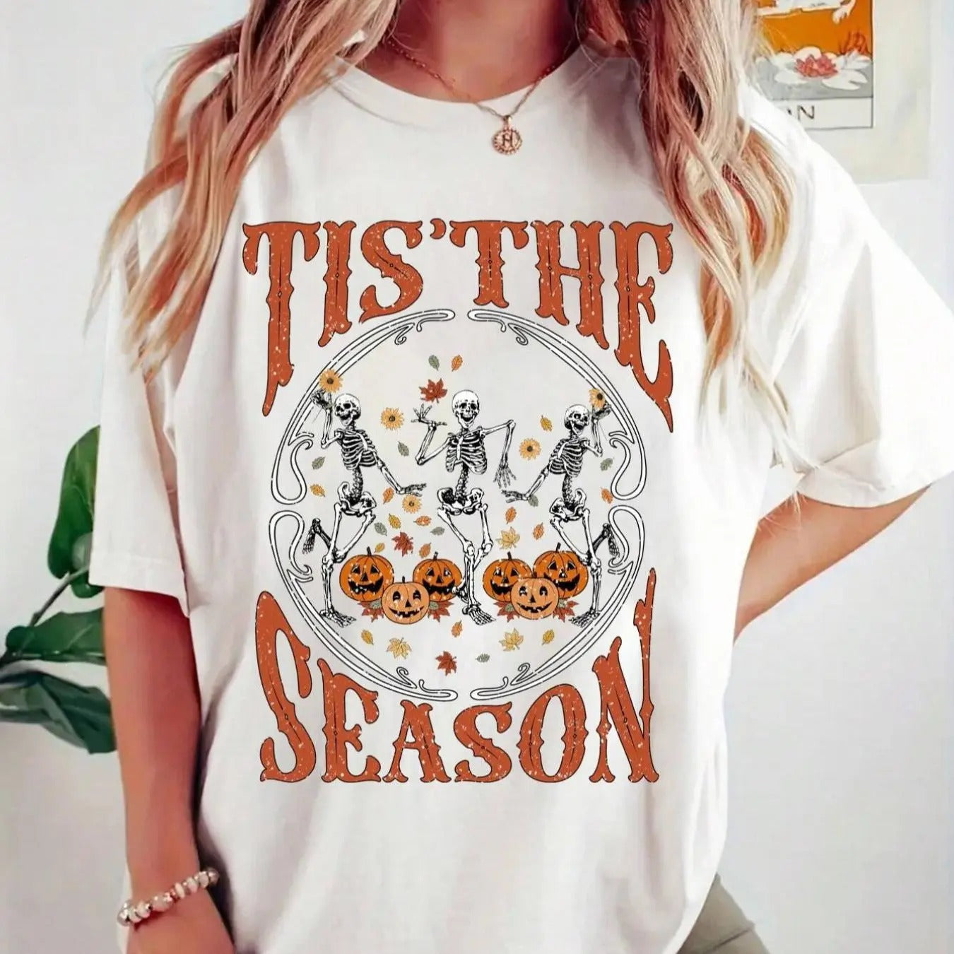 Women's Cartoon Skeleton & Pumpkin Graphic Print Round Neck Tee, Halloween Fashion Casual Short Sleeve T-shirt, Ladies Summer Clothes for Daily Wear