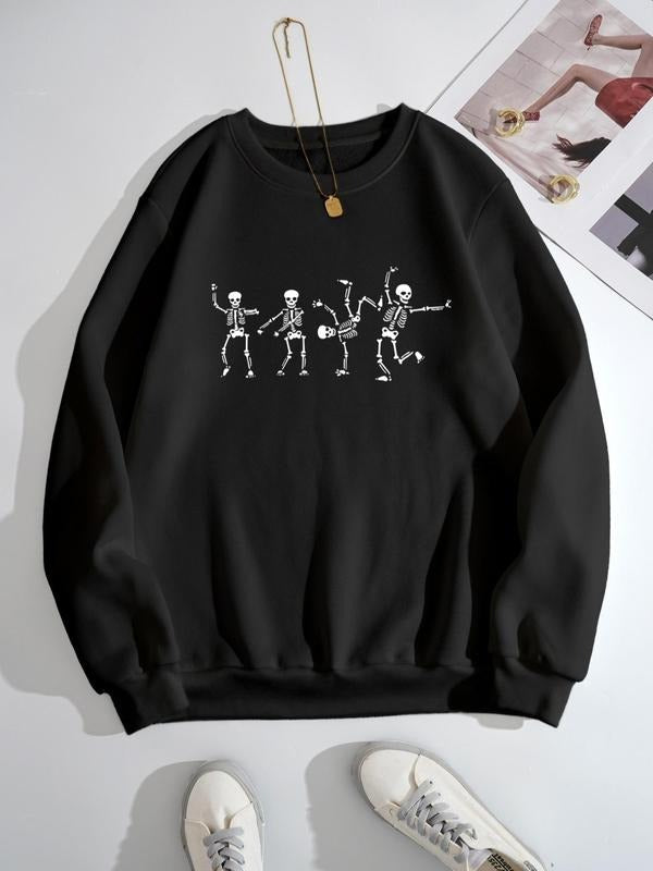 Women's Cartoon Skeleton Print Round Neck Sweatshirt Without Necklace, Casual Long-sleeve Crew Neck Pullover for Fall & Winter, Women's Clothes for Daily Wear