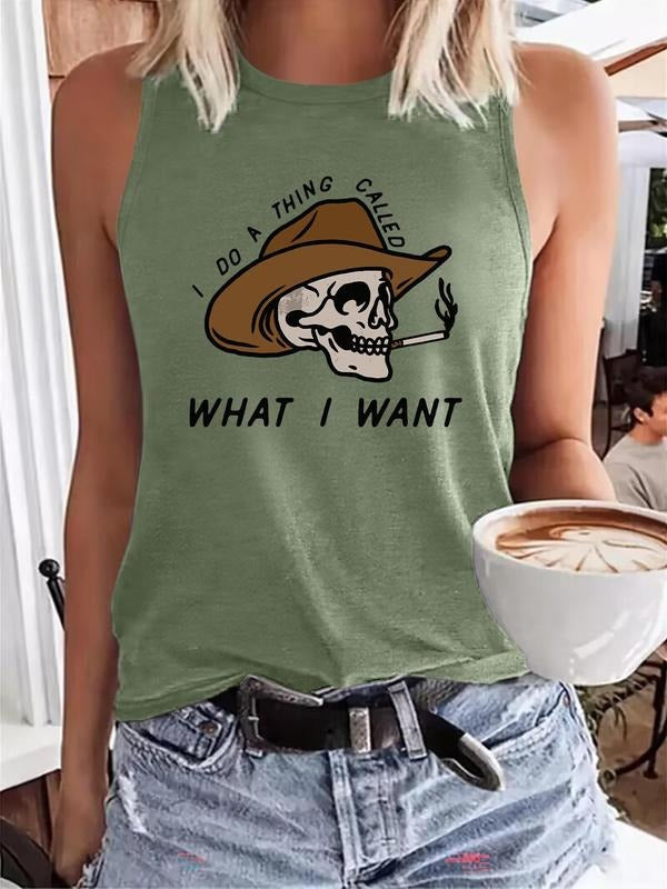 Women's Cartoon Skeleton Print Round Neck Tank Top, Fashion Casual Crew Neck Sleeveless Top for Daily Holiday Vacation Outdoor Wear, Ladies Clothes for Summer, Socks