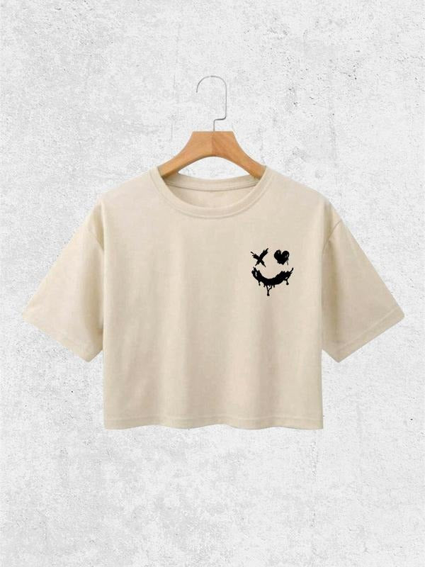 Women's Cartoon Smile Face Print Round Neck Tee, Fashion Casual Short Sleeve T-shirt, Ladies Summer Clothes for Daily Wear
