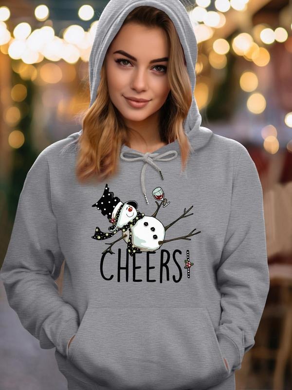 Women's Cartoon Snowman & Letter Print Drop Shoulder Hoodie, Fashion Casual Drawstring Pocket Hooded Sweatshirt for Daily Holiday Outdoor Wear, Women Clothing for Fall & Winter