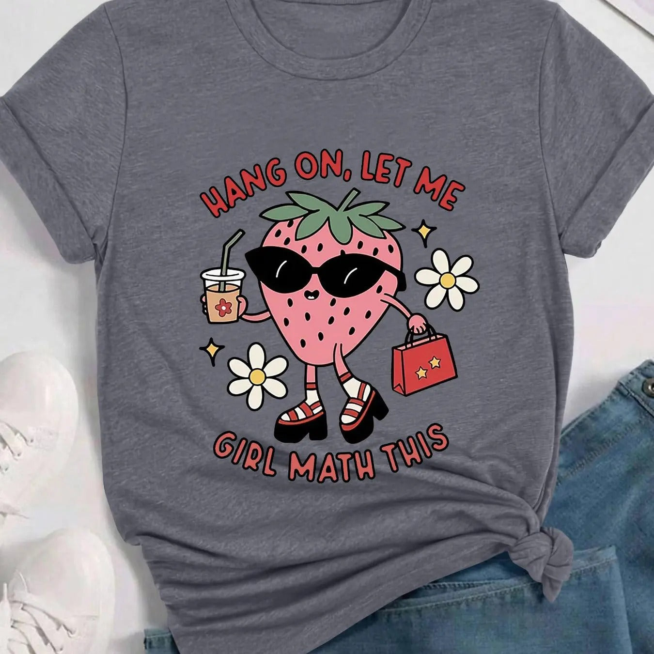 Women's Cartoon Strawberry & Floral Print Round Neck Tee, Fashion Casual Crew Neck Short Sleeve T-Shirt for Daily Holiday Vacation Outdoor Wear, Ladies Clothes for All Seasons