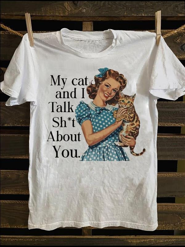 Women's Cat & Letter Print Round Neck Graphic Tee, Vintage Trendy Casual Figure Graphic Short Sleeve T-shirt for Daily Wear, Ladies Summer Outfit, Top