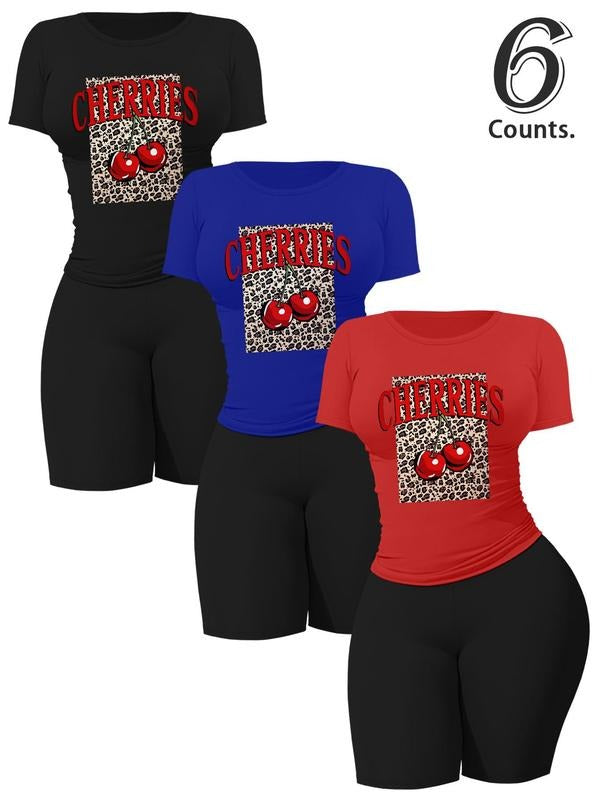 Women's Cherries & Letter Print Crop Top & Shorts Set, Casual Short Sleeve T-shirt & Skinny Shorts, Ladies Summer Clothes, Womenswear