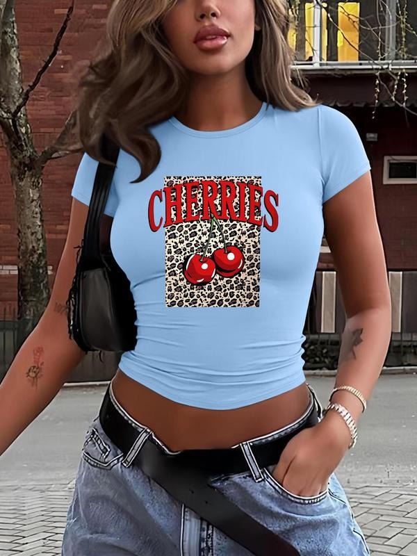 Women's Cherries & Letter Print Round Neck Crop Tee, Casual Short Sleeve Crew Neck T-shirt for Daily Wear, Ladies Clothes for All Seasons, Top