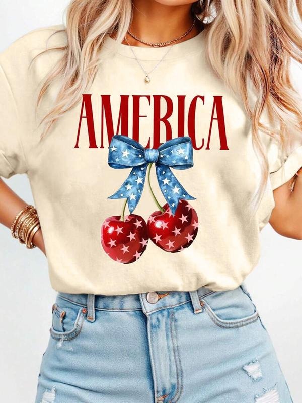 Women's Cherry & Bow Print Round Neck Tee, Casual Star & Striped Print Short Sleeve T-Shirt for Daily Wear, Ladies Clothes for All Seasons, Top