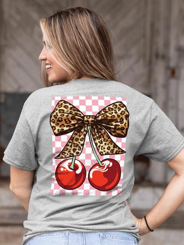 Women's Cherry & Bowknot Print Round Neck Tee, Fashion Casual Crew Neck T-Shirt for Daily Holiday Vacation Outdoor Wear, Ladies Clothes for Summer, Top