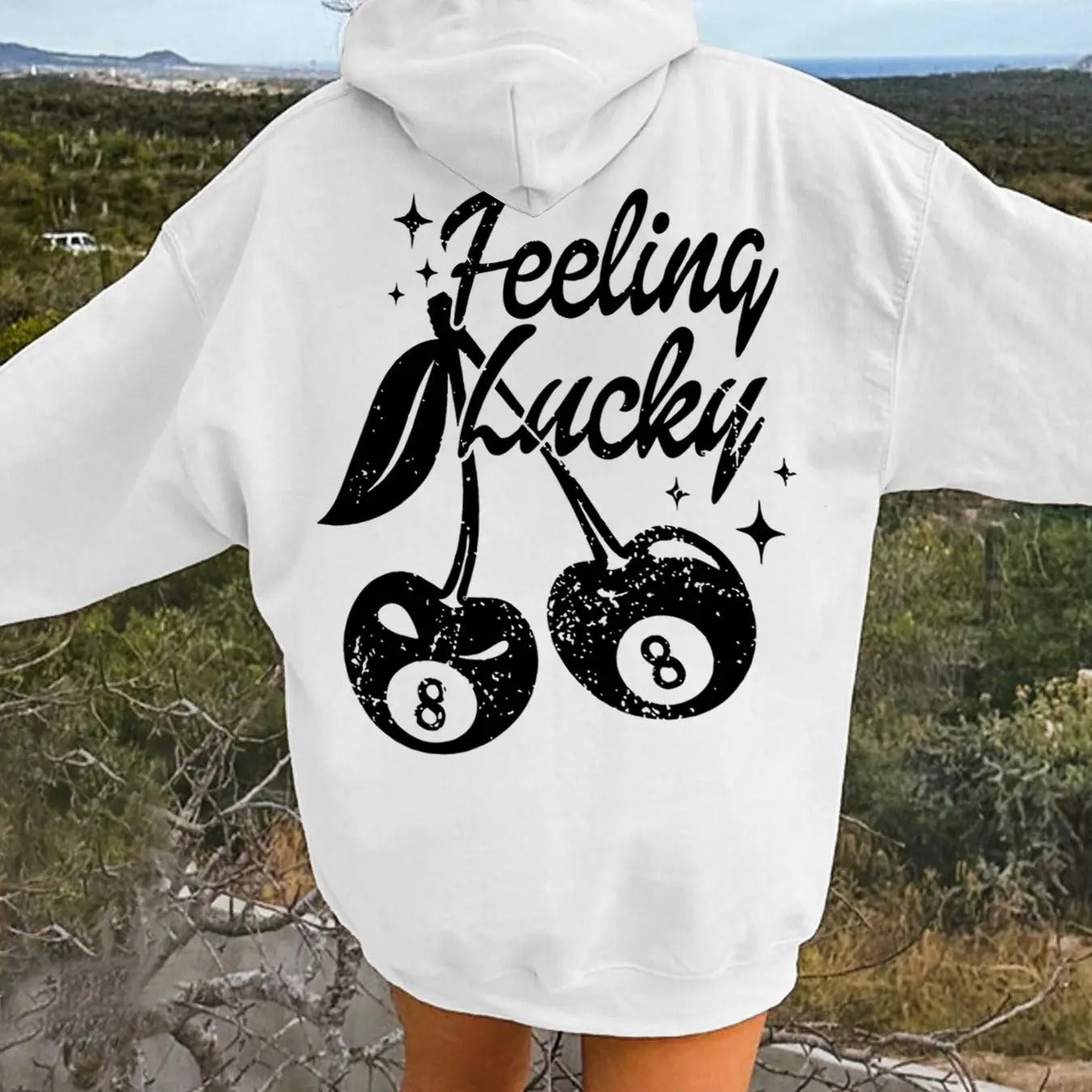 Women's Cherry & Letter Print Drop Shoulder Hoodie, Fashion Casual Drawstring Pocket Hooded Sweatshirt for Daily Holiday Outdoor Wear, Ladies Clothes for All Seasons