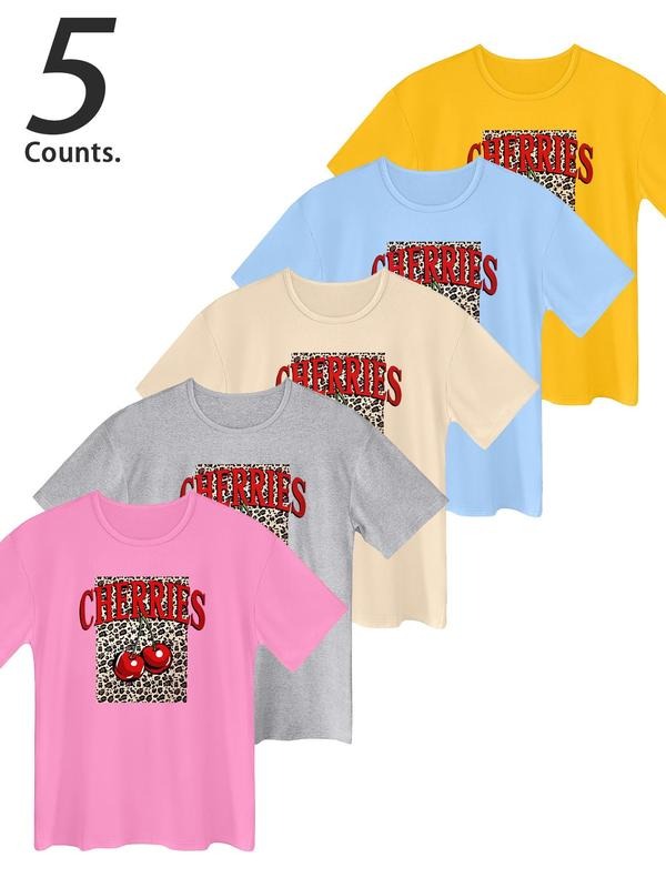 Women's Cherry & Letter Print Round Neck Tee, Casual Short Sleeve T-shirt for Daily Wear, Ladies Clothes for All Seasons, Top