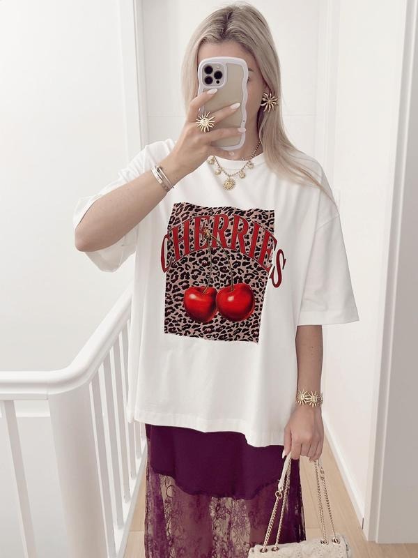 Women's Cherry & Letter Print Round Neck Tee, Fashion Casual Crew Neck Half Sleeve T-shirt for Daily Holiday Vacation Outdoor Wear, Ladies Clothes for All Seasons