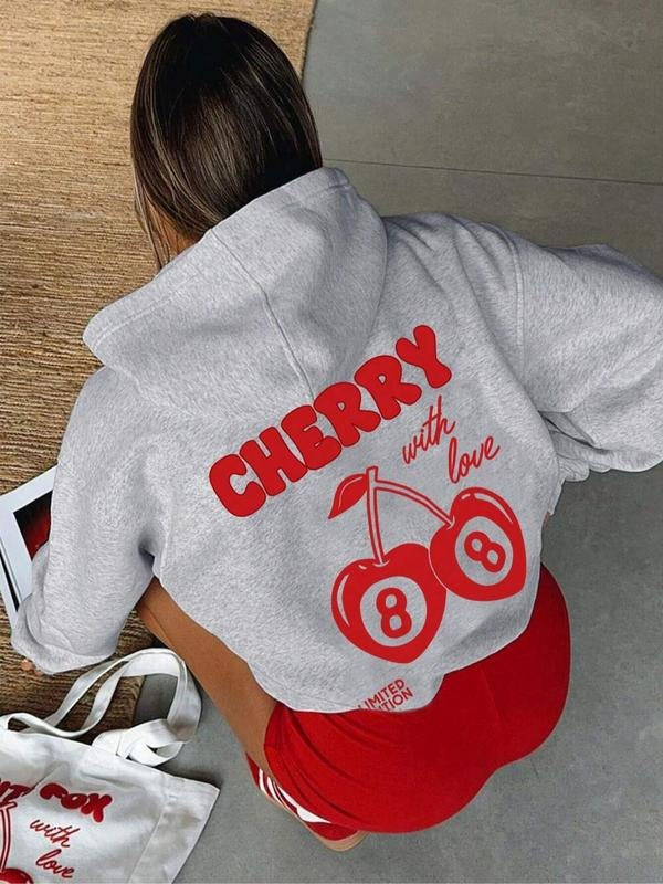 Women's Cherry & Number Print Drop Shoulder Hoodie, Fashion Casual Drawstring Pocket Hooded Sweatshirt for Daily Holiday Outdoor Wear, Women Clothing for Fall & Winter