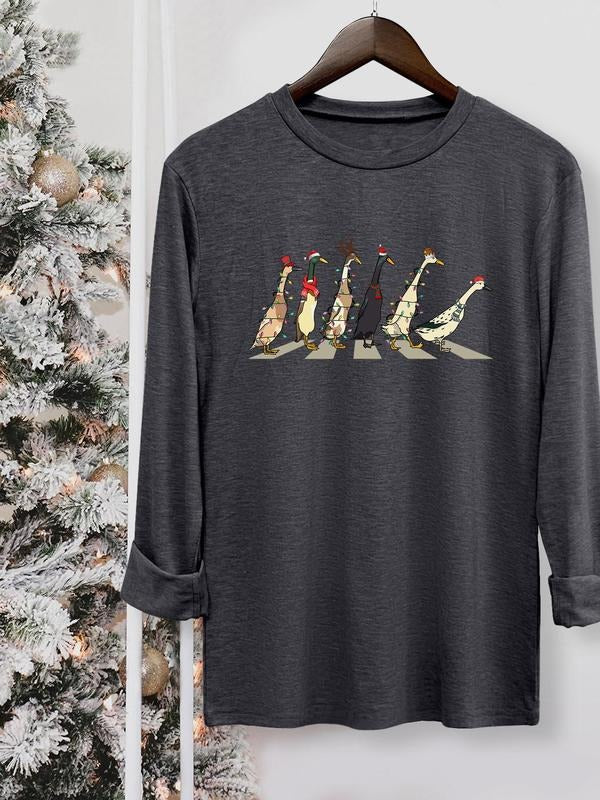 Women's Christmas Animal Print Round Neck Tee, Casual Long Sleeve Crew Neck T-shirt for Fall & Winter, Women's Top for Daily Wear