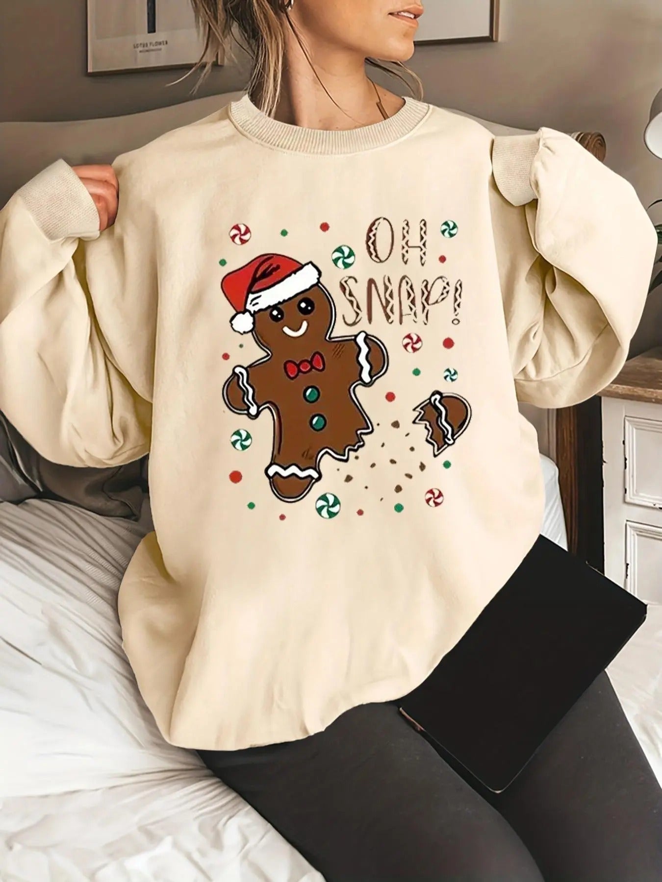 Women's Christmas Gingerbread Man & Letter Print Crew Neck Sweatshirt, Casual Drop Shoulder Long Sleeve Pullover, Women's Spring & Fall Clothes