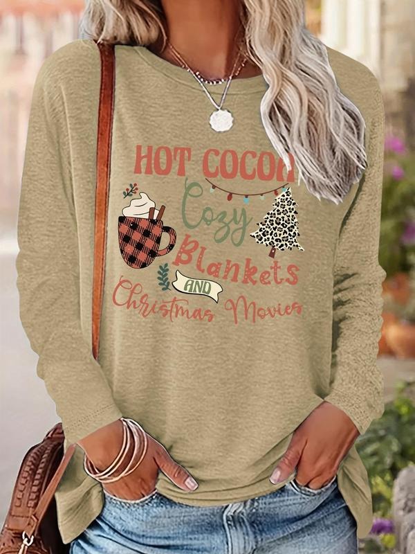 Women's Christmas Letter Print Drop Shoulder Tee, Casual Long Sleeve Round Neck Pullover for Fall & Winter, Women's Clothes for Daily Wear