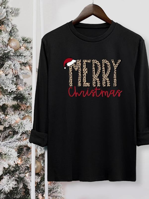 Women's Christmas Letter Print Round Neck Tee, Casual Long Sleeve Crew Neck T-shirt for Fall & Winter, Women's Top for Daily Wearstyle{n002}10