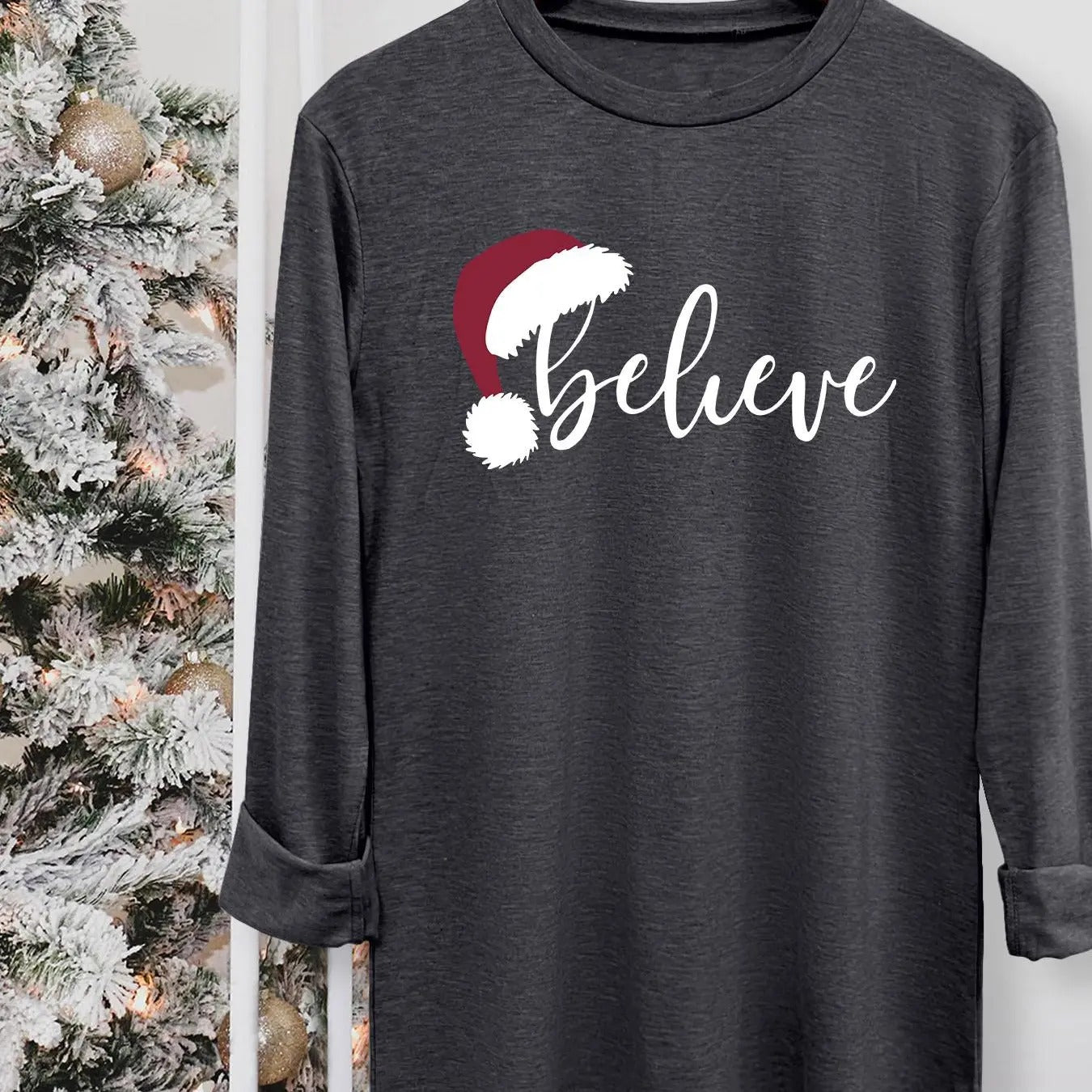 Women's Christmas Letter Print Round Neck Tee, Casual Long Sleeve Crew Neck T-shirt for Fall & Winter, Women's Top for Daily Wearstyle{n002}2