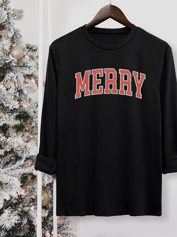 Women's Christmas Letter Print Round Neck Tee, Casual Long Sleeve Crew Neck T-shirt for Fall & Winter, Women's Top for Daily Wearstyle{n002}3