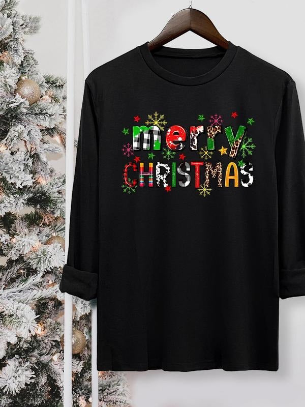 Women's Christmas Letter Print Round Neck Tee, Casual Long Sleeve Crew Neck T-shirt for Fall & Winter, Women's Top for Daily Wearstyle{n002}9