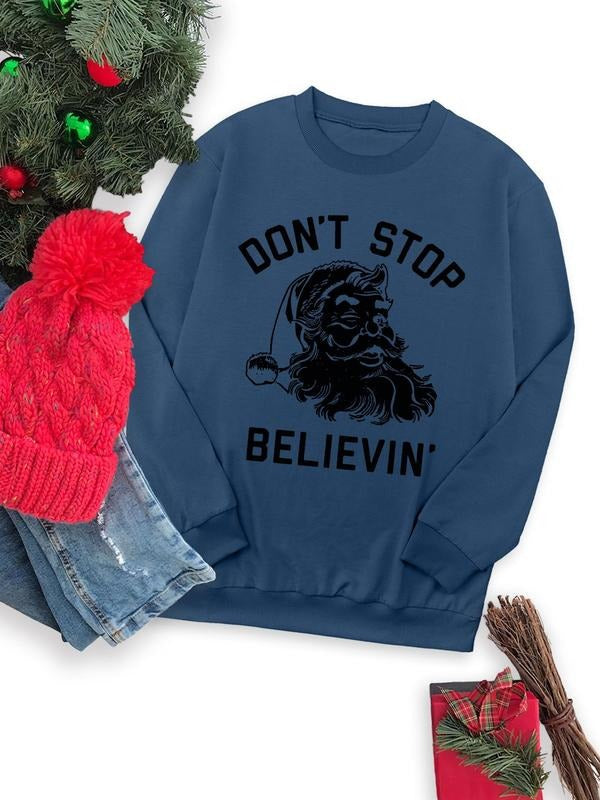 Women's Christmas Santa Claus & Letter Print Round Neck Sweatshirt, Casual Long Sleeve Crew Neck Pullover for Fall & Winter, Women's Clothes for Daily Wear