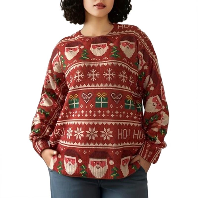 Women's Christmas Sweaters Santa Pattern Drop Shoulder Long Sleeve Round Neck Loose Knit Tops