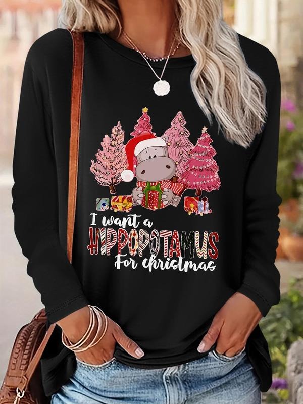 Women's Christmas Themed Cartoon Print Round Neck Tee, Casual Long Sleeve Crew Neck T-shirt for Fall & Winter, Women's...