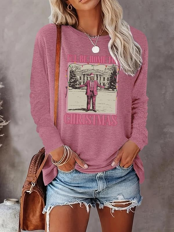 Women's Christmas Themed Letter & Figure Print Round Neck Tee, Casual Long Sleeve Crew Neck T-Shirt for Fall & Winter, Women's Clothes for Daily Wear