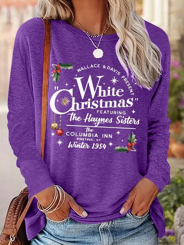 Women's Christmas Themed Print Tee, Casual Long Sleeve Round Neck T-shirt for Daily Wear, Ladies Fall & Winter Clothes